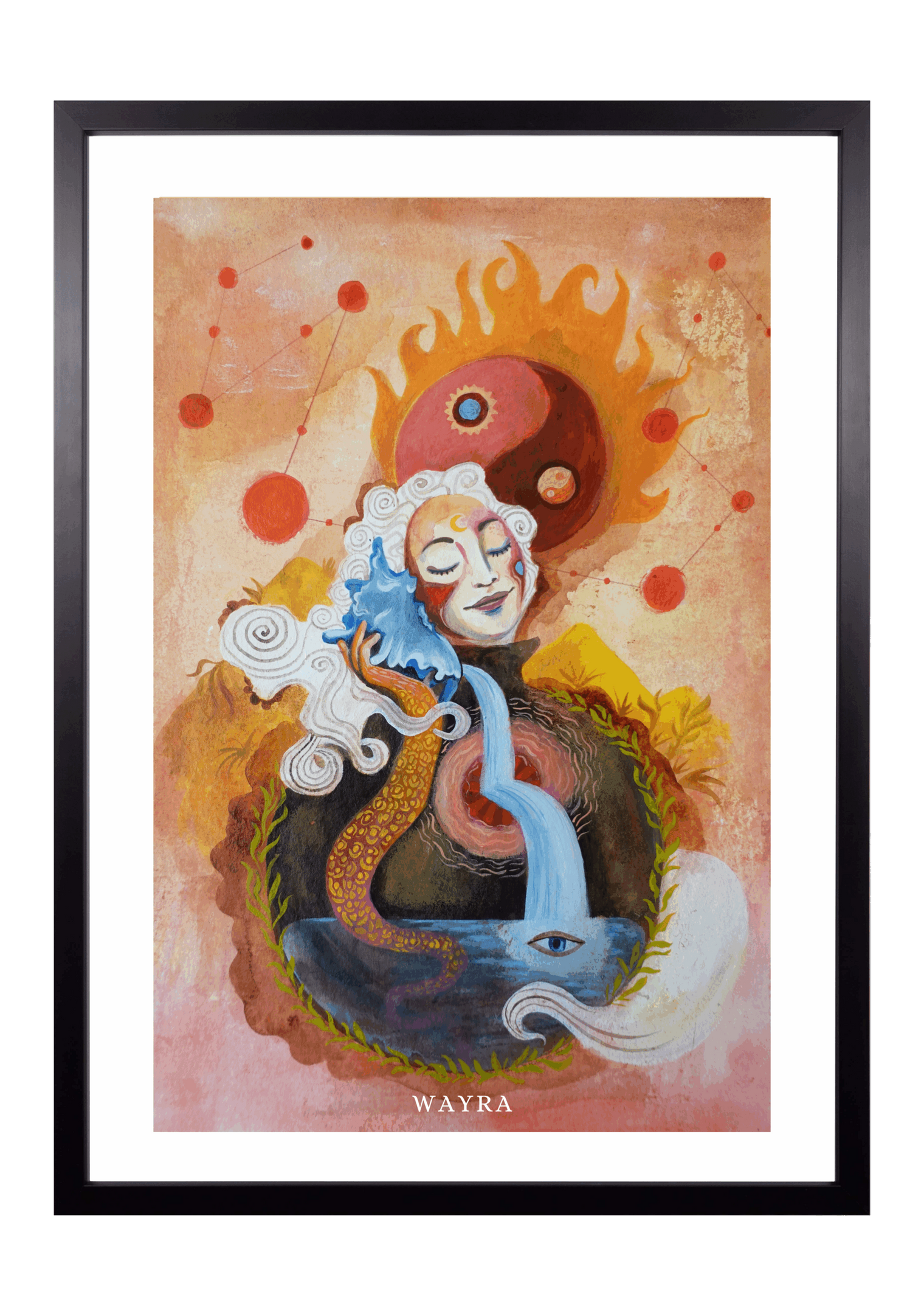 Fine-Art-Kunstdruck einer meditierenden Frau mit Yin-Yang-Symbol, fließendem Wasser und kosmischen Elementen von Wayra Arts