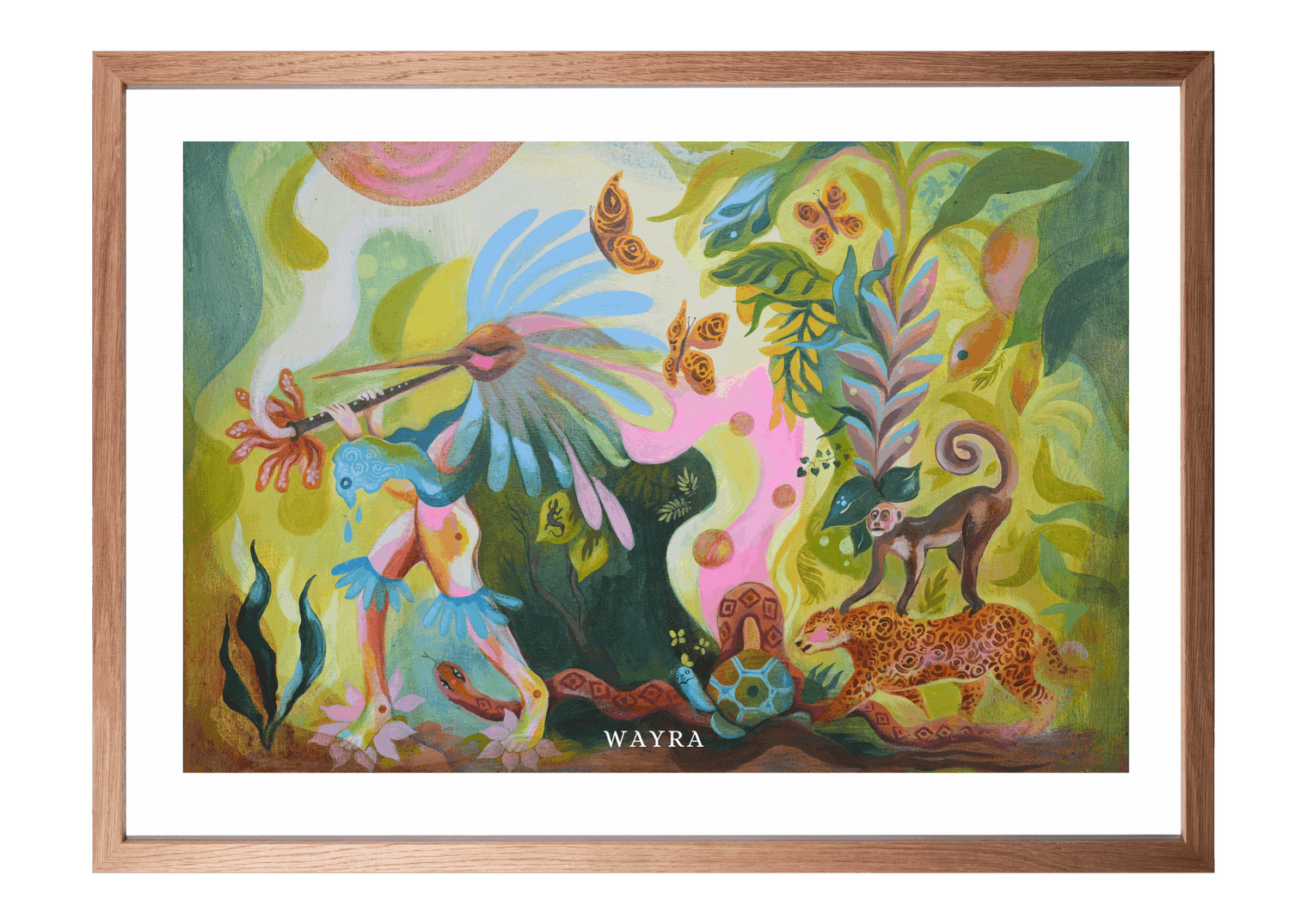 Spiritueller Fine-Art-Kunstdruck mit Tieren des Regenwaldes und einer menschlichen Figur von Wayra Arts