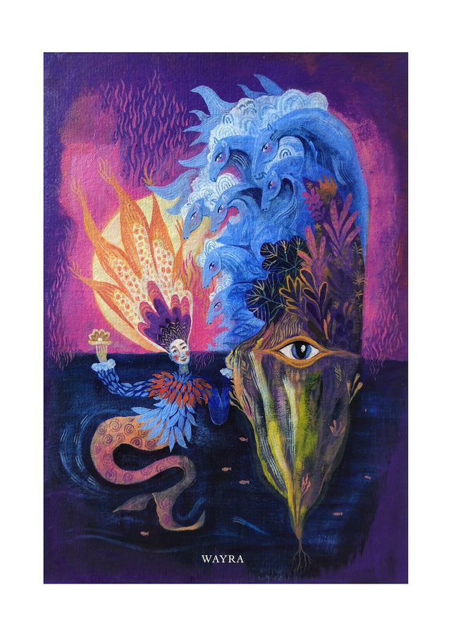 Fine-Art-Kunstdruck einer mystischen Meereslandschaft mit Wellen, Frau und Pflanzen von Wayra Arts