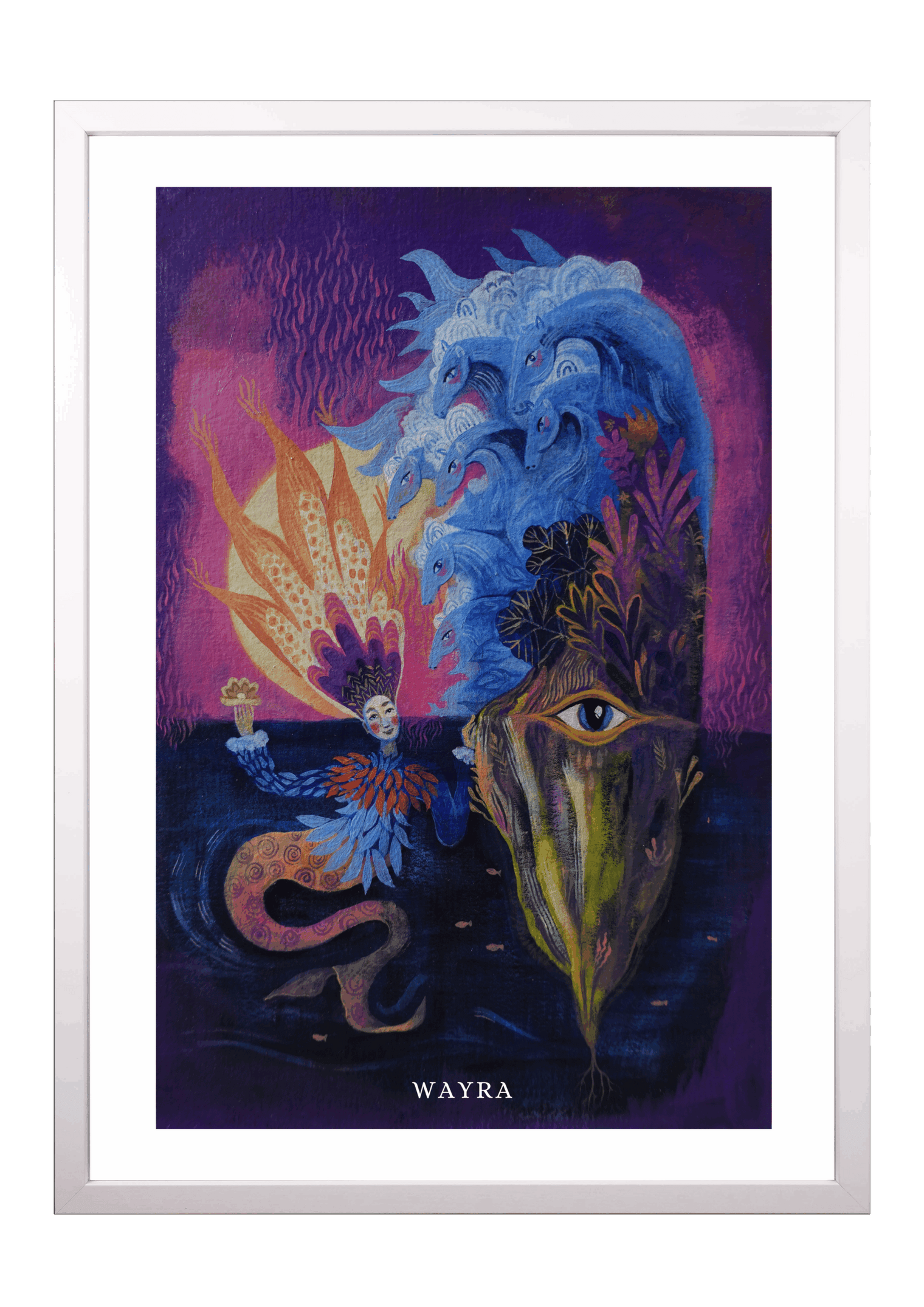 Fine-Art-Kunstdruck einer mystischen Meereslandschaft mit Wellen, Frau und Pflanzen von Wayra Arts