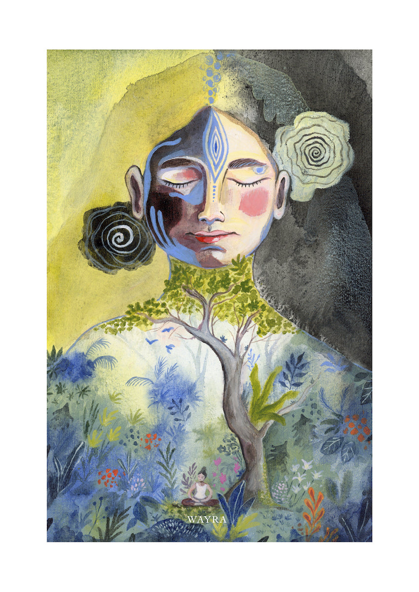 Fine-Art-Kunstdruck einer meditierenden Frau mit Baum und Naturmotiven von Wayra Arts