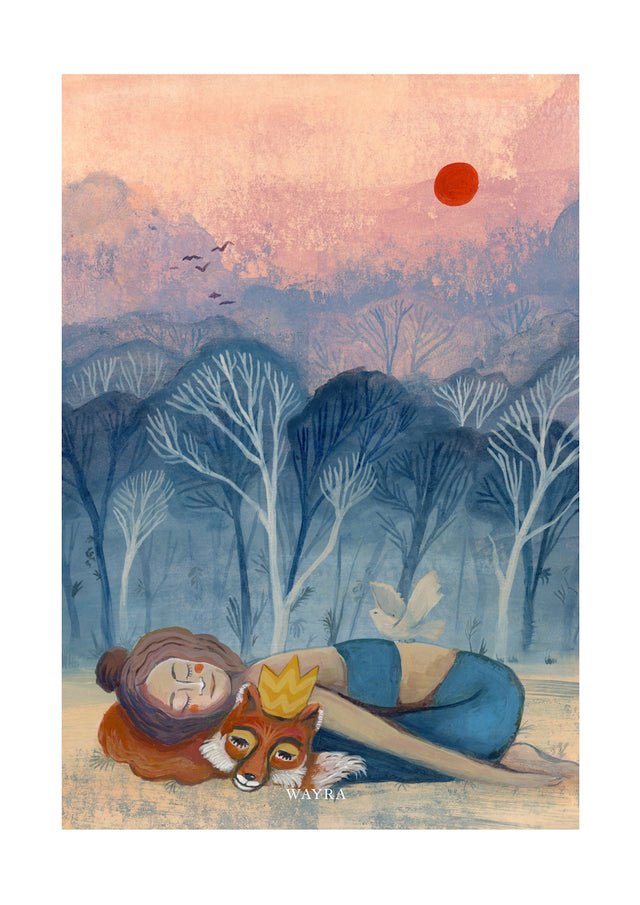 Fine-Art-Kunstdruck einer ruhenden Frau mit Fuchs und weißem Vogel in einer Waldlandschaft von Wayra Arts