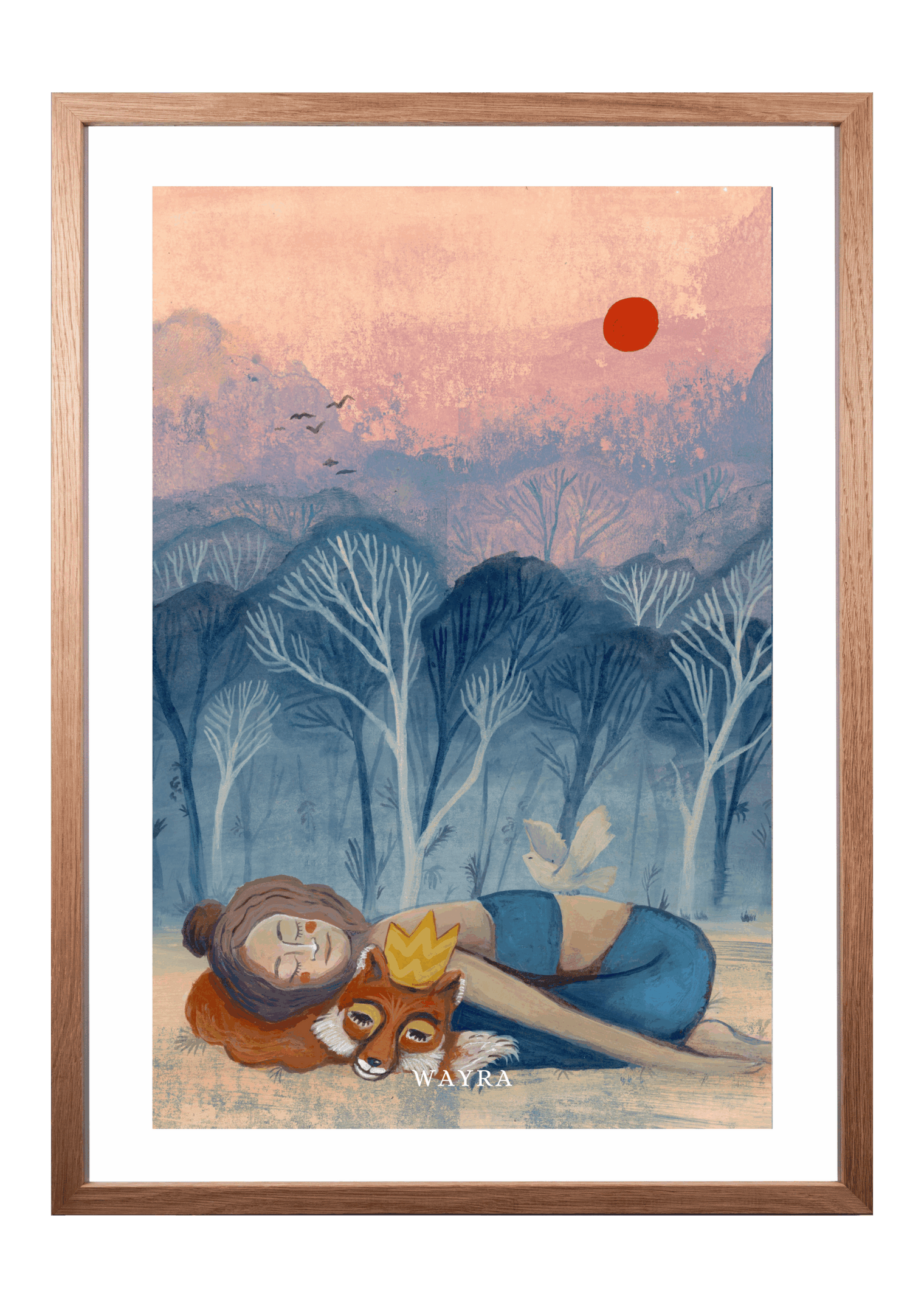 Fine-Art-Kunstdruck einer ruhenden Frau mit Fuchs und weißem Vogel in einer Waldlandschaft von Wayra Arts