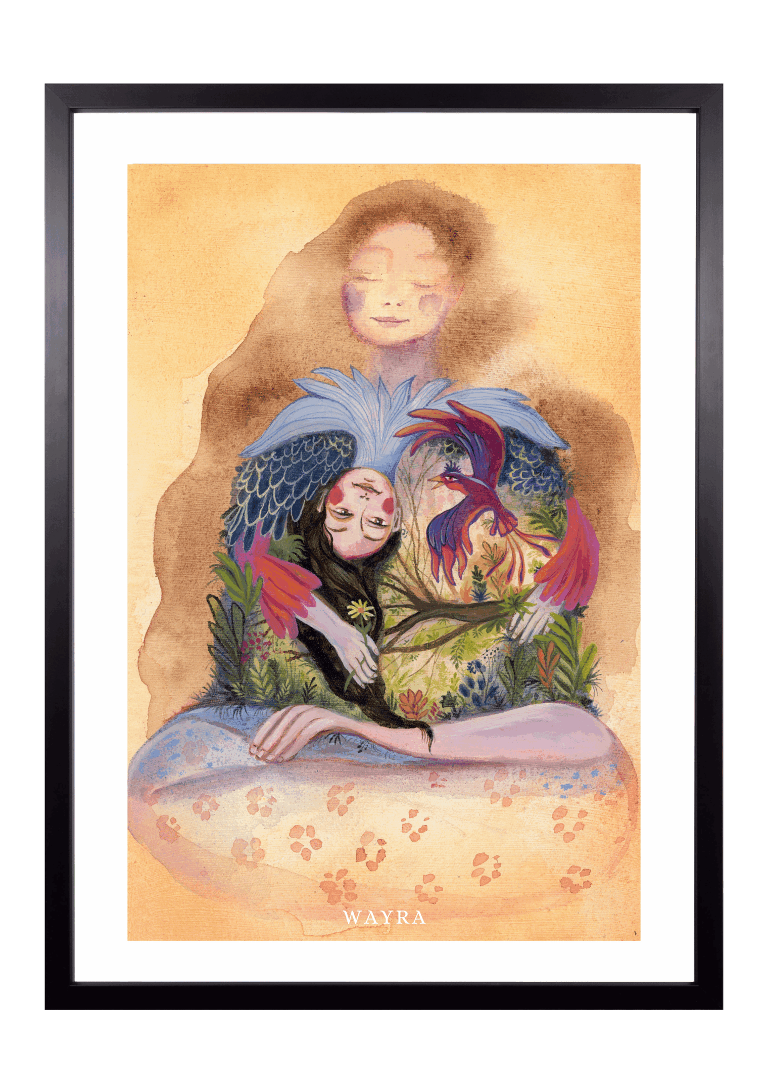 Fine-Art-Kunstdruck einer Frau mit Vogel, Natur und symbolischer innerer Welt von Wayra Arts