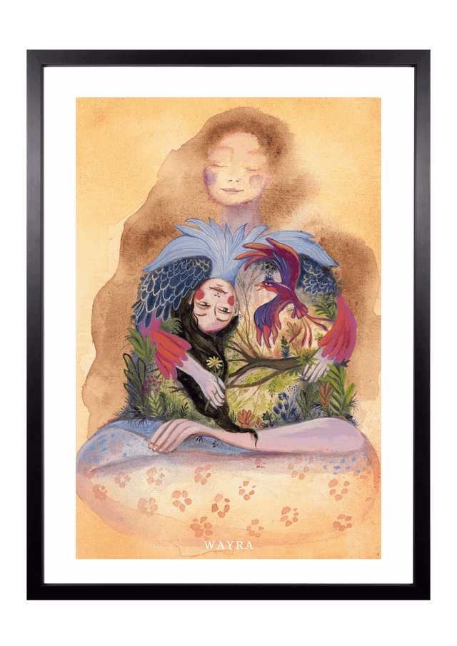 Fine-Art-Kunstdruck einer Frau mit Vogel, Natur und symbolischer innerer Welt von Wayra Arts