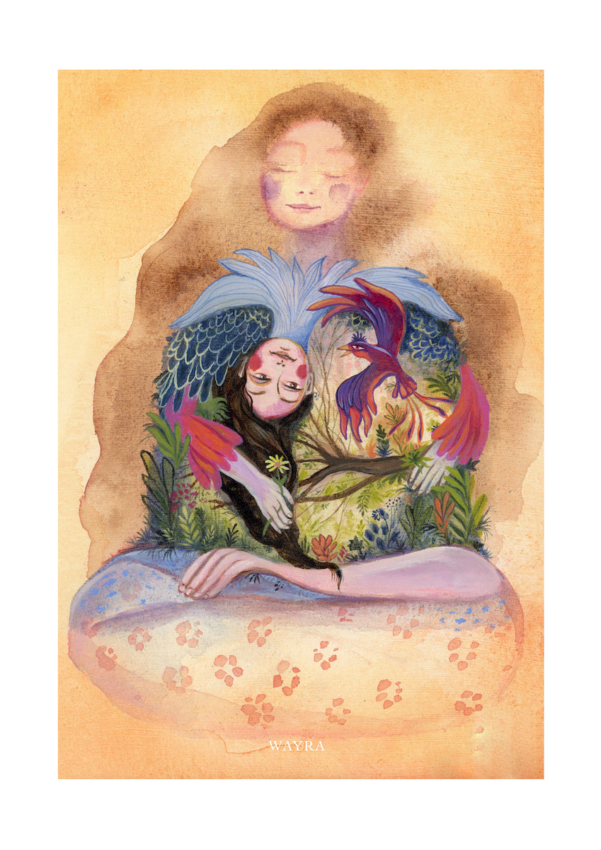 Fine-Art-Kunstdruck einer Frau mit Vogel, Natur und symbolischer innerer Welt von Wayra Arts