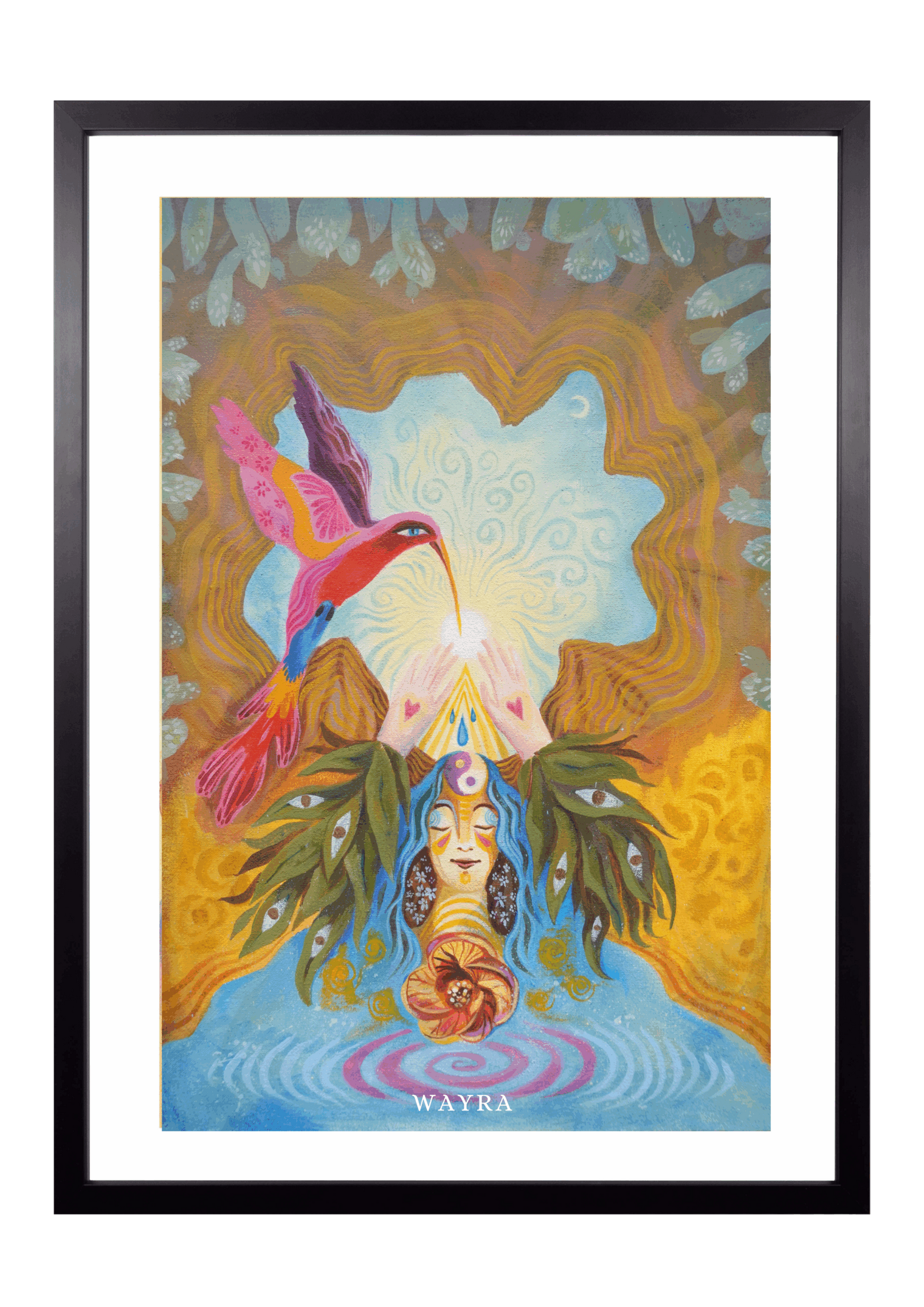 Hochwertiger Fine-Art-Print eines mystischen Gemäldes mit Kolibri und weiblicher Figur