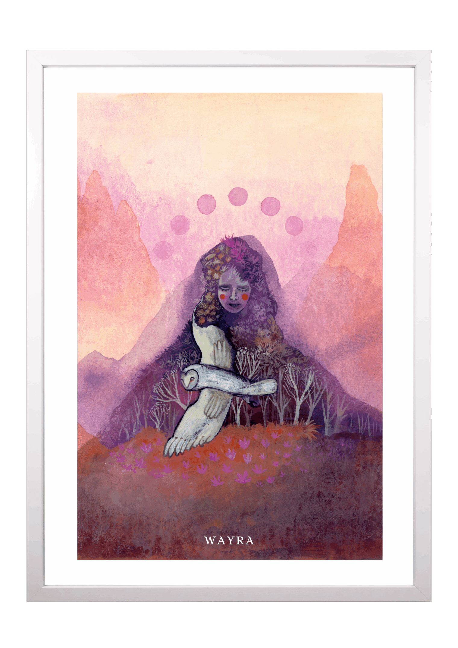 Fine-Art-Kunstdruck einer Frau mit Schleiereule in einer mystischen Berglandschaft von Wayra Arts