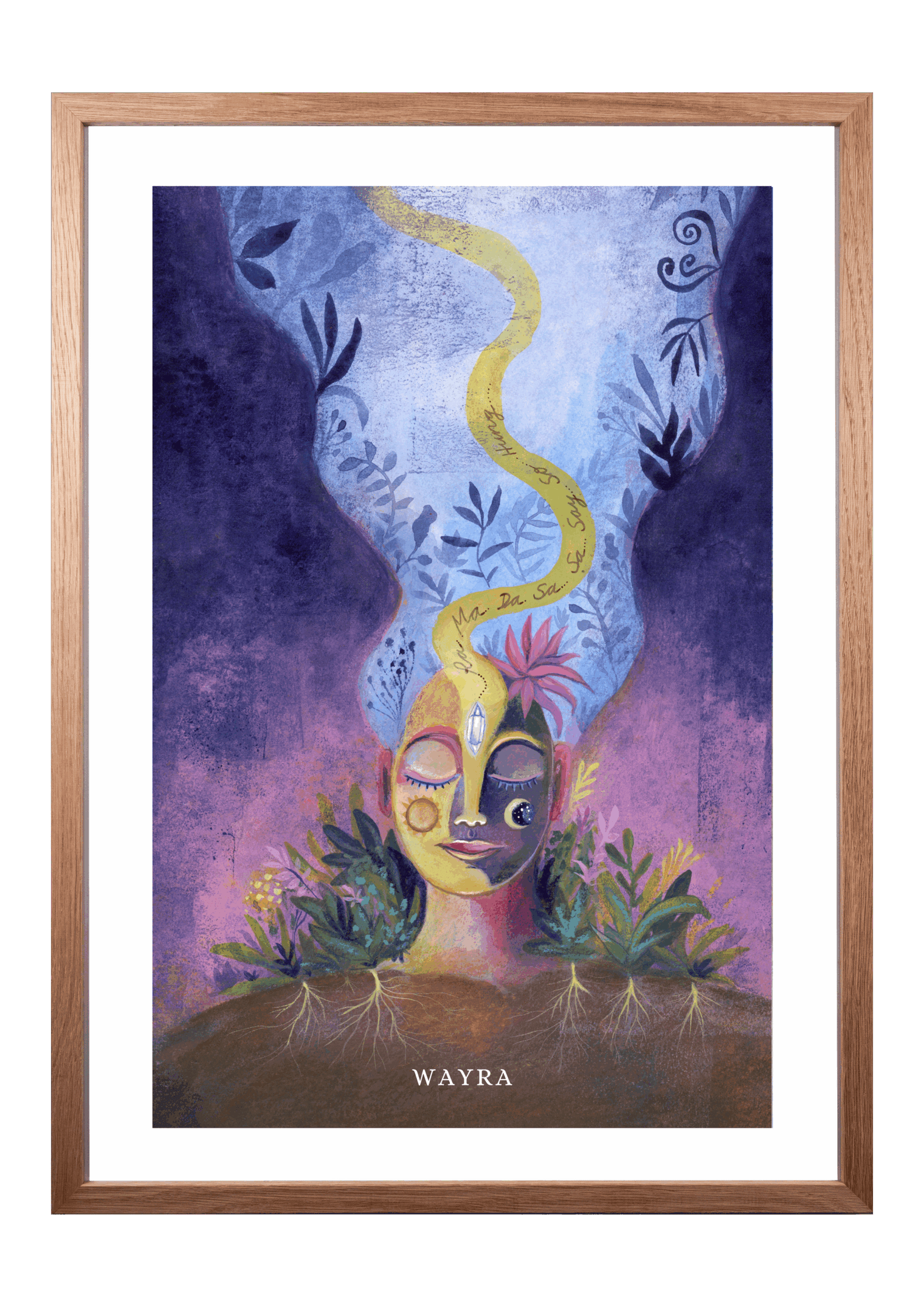Fine-Art-Kunstdruck einer meditativen Frau mit Pflanzen und Heilmantra RA MA DA SA von Wayra Arts
