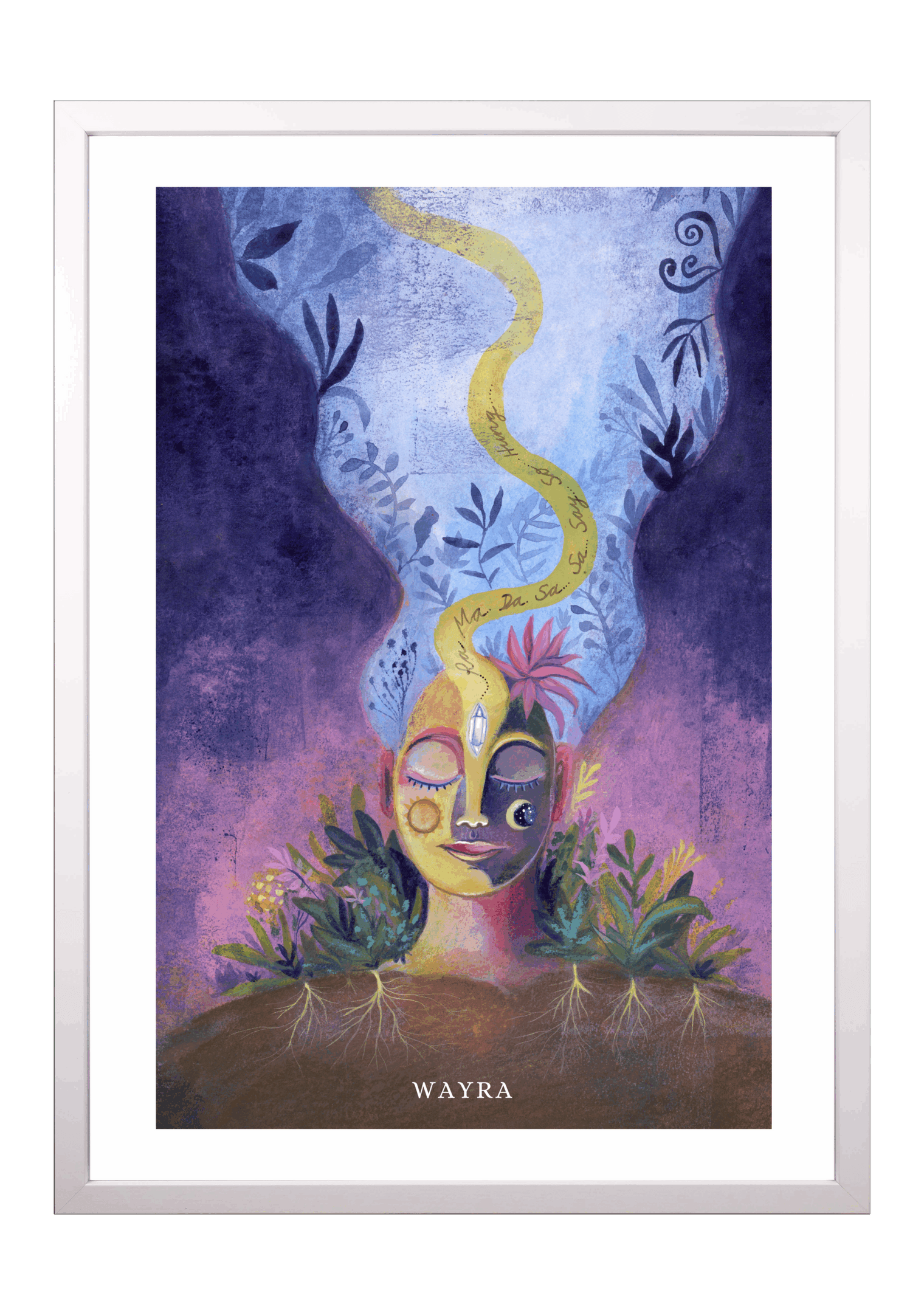 Fine-Art-Kunstdruck einer meditativen Frau mit Pflanzen und Heilmantra RA MA DA SA von Wayra Arts