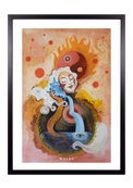 Fine-Art-Kunstdruck einer meditierenden Frau mit Yin-Yang-Symbol, fließendem Wasser und kosmischen Elementen von Wayra Arts