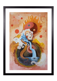 Fine-Art-Kunstdruck einer meditierenden Frau mit Yin-Yang-Symbol, fließendem Wasser und kosmischen Elementen von Wayra Arts