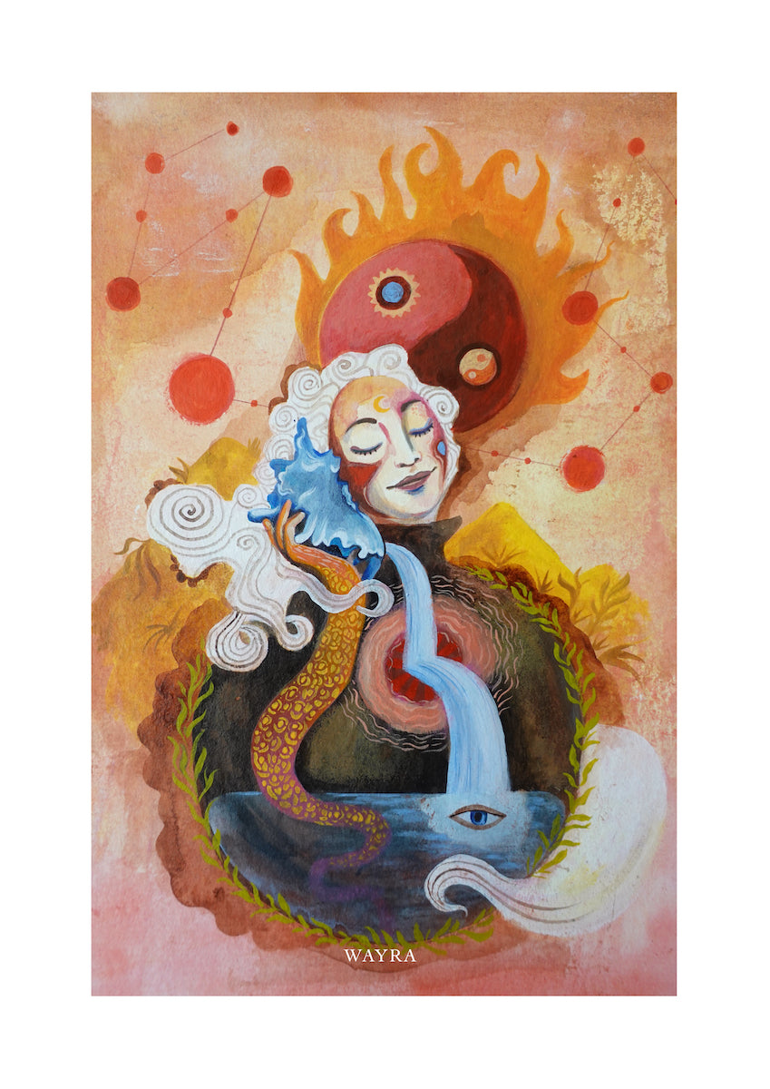 Fine-Art-Kunstdruck einer meditierenden Frau mit Yin-Yang-Symbol, fließendem Wasser und kosmischen Elementen von Wayra Arts