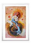 Fine-Art-Kunstdruck einer meditierenden Frau mit Yin-Yang-Symbol, fließendem Wasser und kosmischen Elementen von Wayra Arts