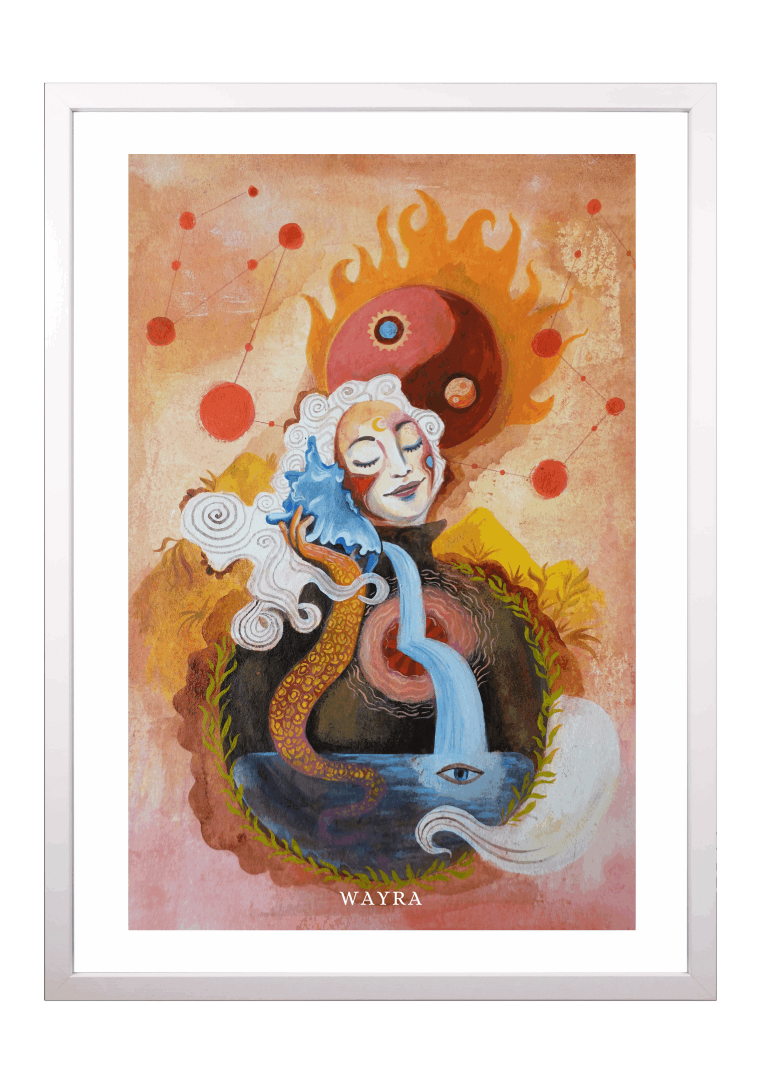 Fine-Art-Kunstdruck einer meditierenden Frau mit Yin-Yang-Symbol, fließendem Wasser und kosmischen Elementen von Wayra Arts