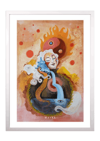 Fine-Art-Kunstdruck einer meditierenden Frau mit Yin-Yang-Symbol, fließendem Wasser und kosmischen Elementen von Wayra Arts