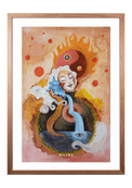 Fine-Art-Kunstdruck einer meditierenden Frau mit Yin-Yang-Symbol, fließendem Wasser und kosmischen Elementen von Wayra Arts