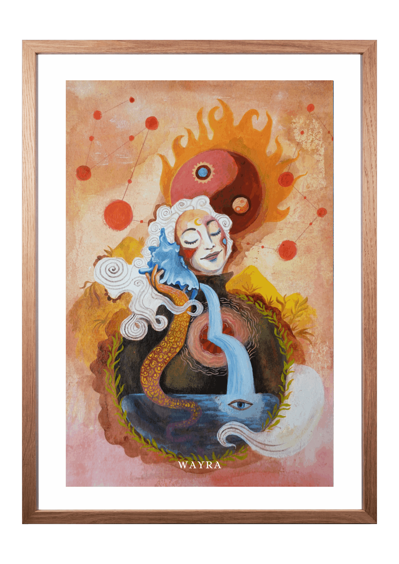 Fine-Art-Kunstdruck einer meditierenden Frau mit Yin-Yang-Symbol, fließendem Wasser und kosmischen Elementen von Wayra Arts