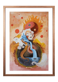 Fine-Art-Kunstdruck einer meditierenden Frau mit Yin-Yang-Symbol, fließendem Wasser und kosmischen Elementen von Wayra Arts
