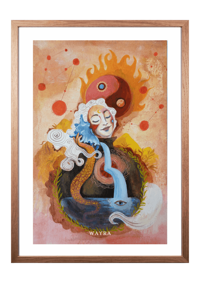 Fine-Art-Kunstdruck einer meditierenden Frau mit Yin-Yang-Symbol, fließendem Wasser und kosmischen Elementen von Wayra Arts