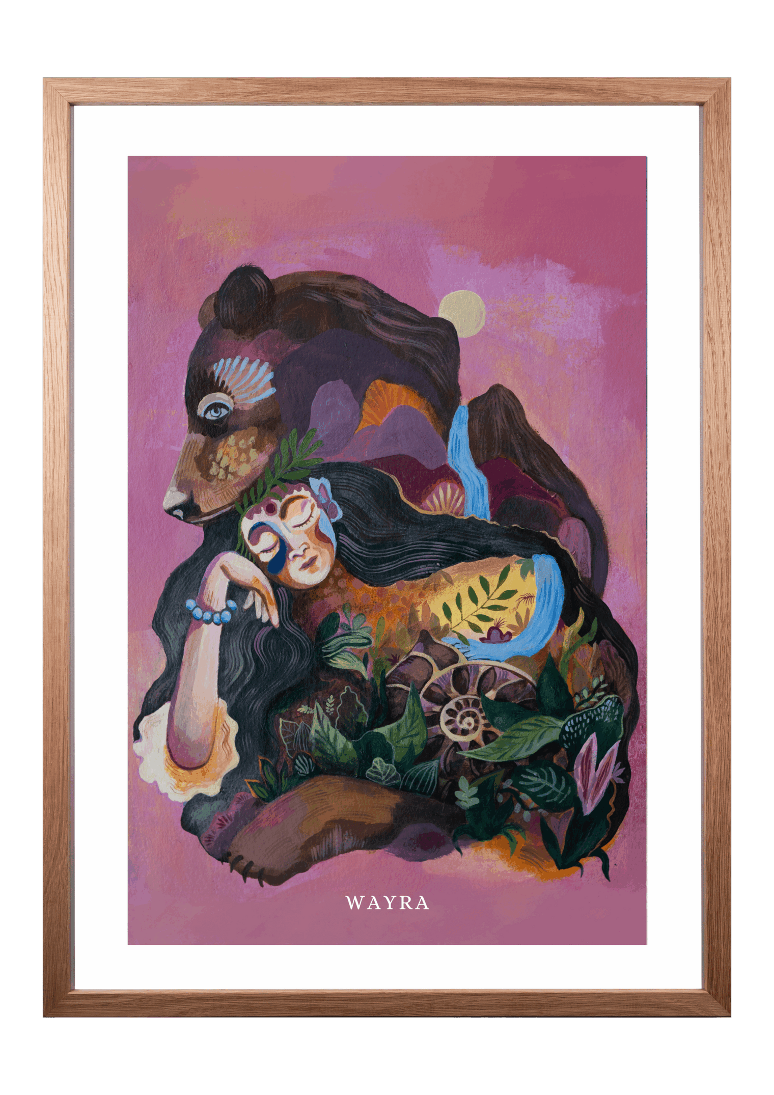 Fine-Art-Kunstdruck einer schützenden Bärin mit Frau und Naturmotiven von Wayra Arts