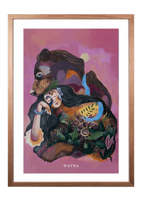 Fine-Art-Kunstdruck einer schützenden Bärin mit Frau und Naturmotiven von Wayra Arts
