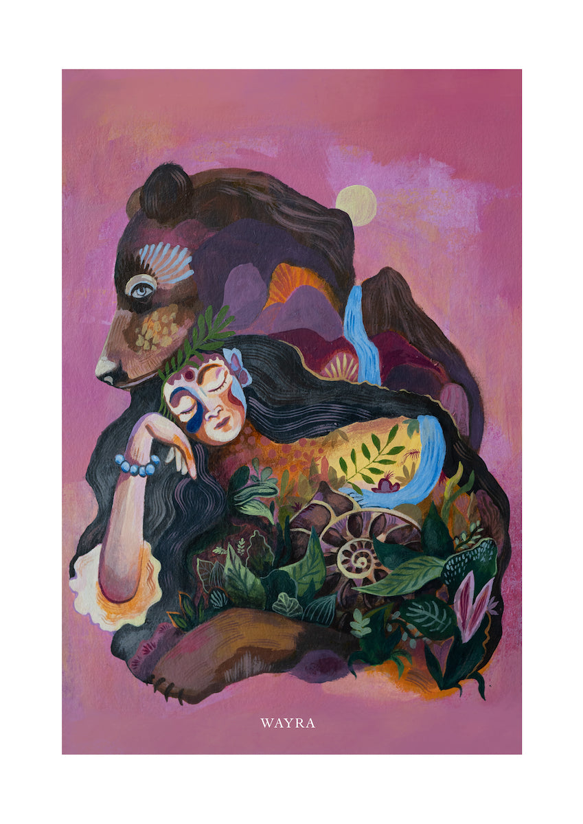 Fine-Art-Kunstdruck einer schützenden Bärin mit Frau und Naturmotiven von Wayra Arts