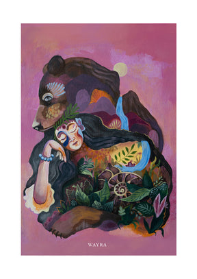 Fine-Art-Kunstdruck einer schützenden Bärin mit Frau und Naturmotiven von Wayra Arts