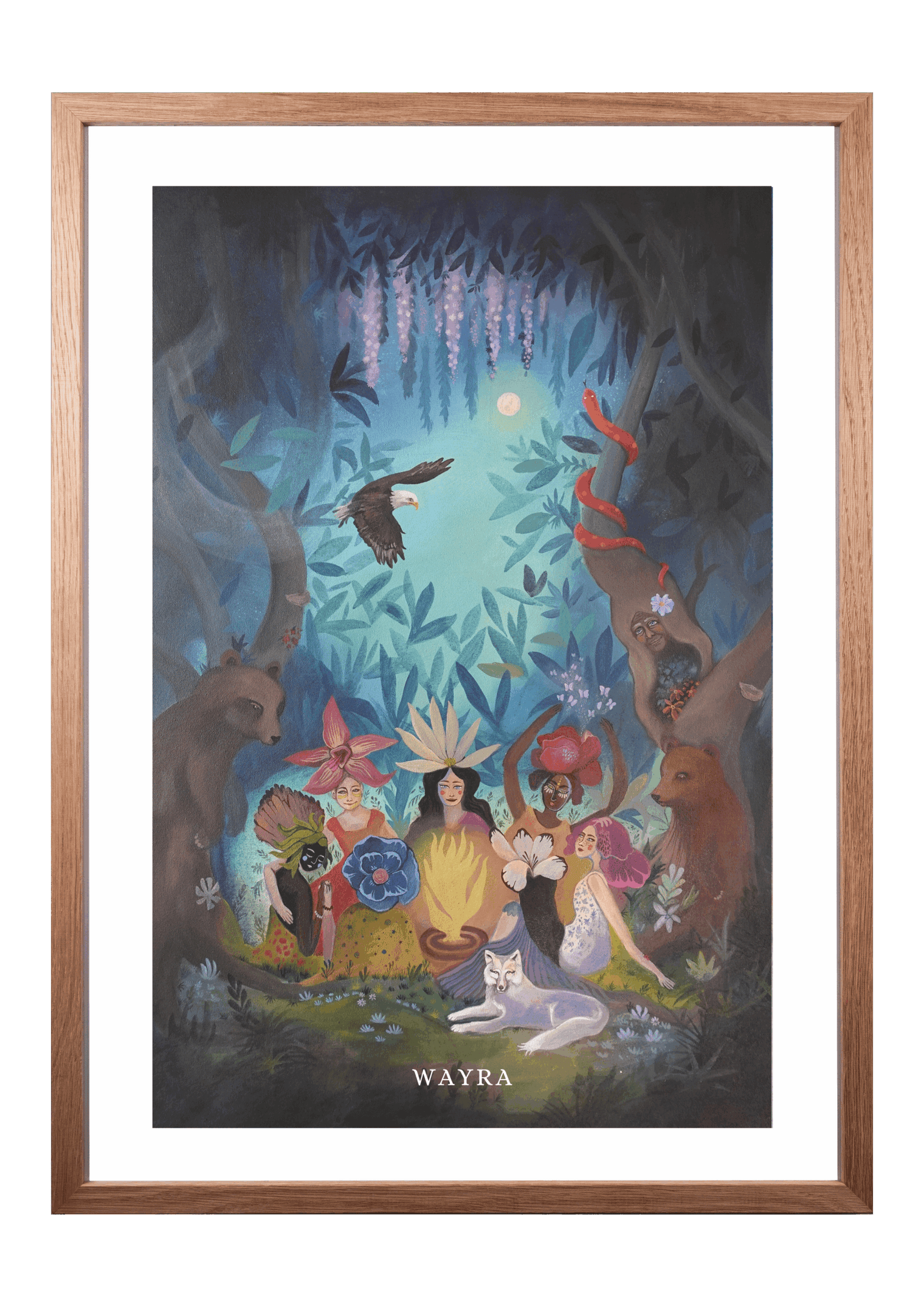 Spiritueller Fine-Art-Kunstdruck eines Frauenkreises im Wald mit Bären, Adler und Wolf von Wayra Arts