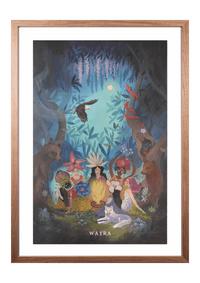 Spiritueller Fine-Art-Kunstdruck eines Frauenkreises im Wald mit Bären, Adler und Wolf von Wayra Arts