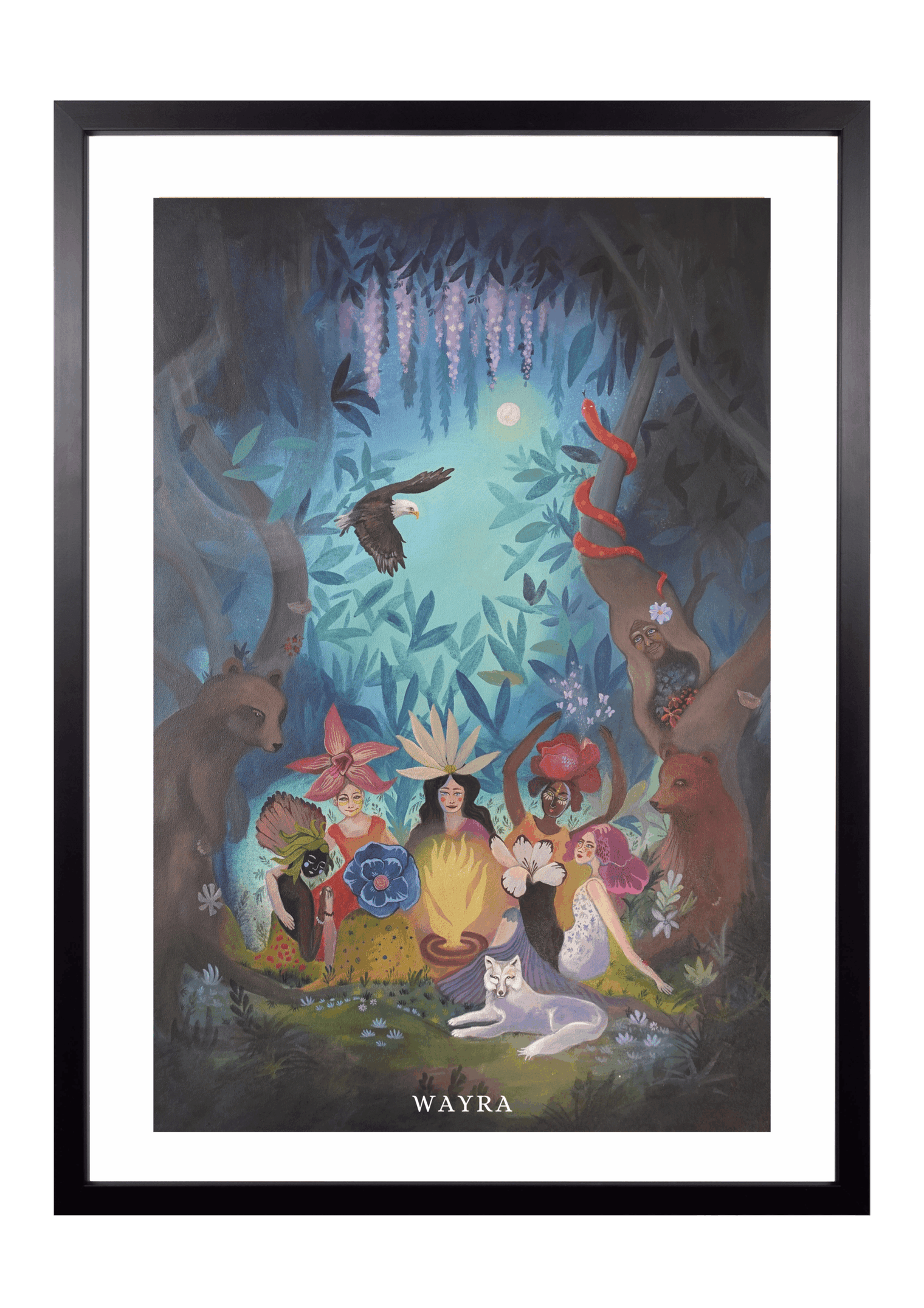 Spiritueller Fine-Art-Kunstdruck eines Frauenkreises im Wald mit Bären, Adler und Wolf von Wayra Arts