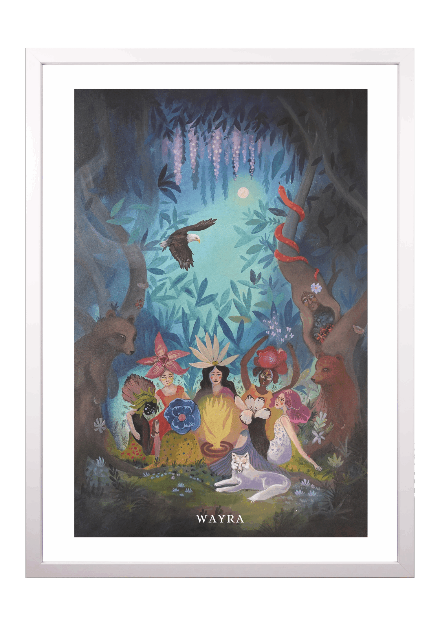 Spiritueller Fine-Art-Kunstdruck eines Frauenkreises im Wald mit Bären, Adler und Wolf von Wayra Arts