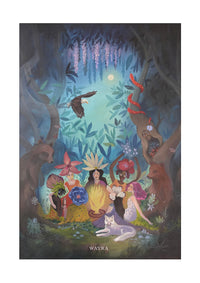 Spiritueller Fine-Art-Kunstdruck eines Frauenkreises im Wald mit Bären, Adler und Wolf von Wayra Arts