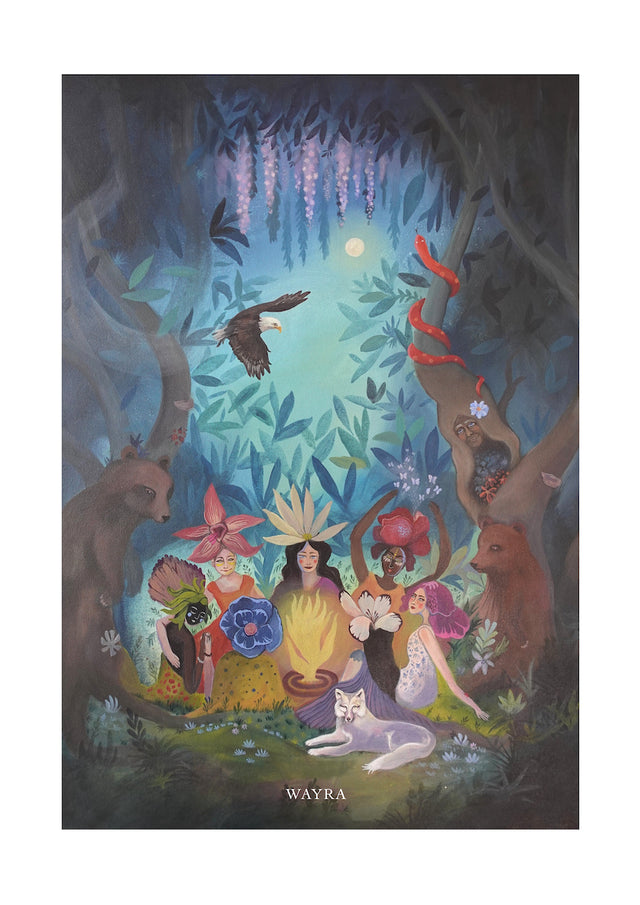 Spiritueller Fine-Art-Kunstdruck eines Frauenkreises im Wald mit Bären, Adler und Wolf von Wayra Arts