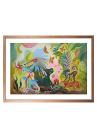Spiritueller Fine-Art-Kunstdruck mit Tieren des Regenwaldes und einer menschlichen Figur von Wayra Arts