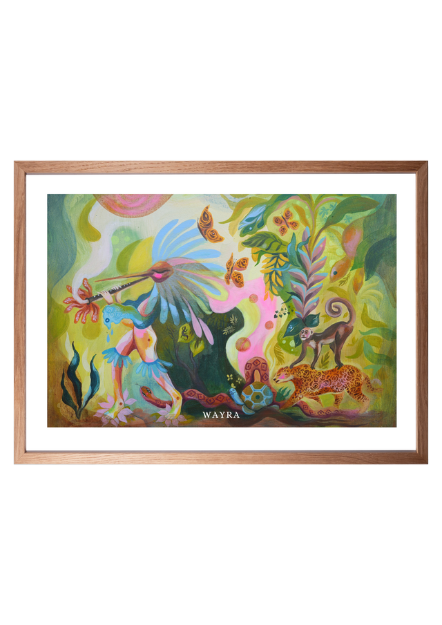 Spiritueller Fine-Art-Kunstdruck mit Tieren des Regenwaldes und einer menschlichen Figur von Wayra Arts