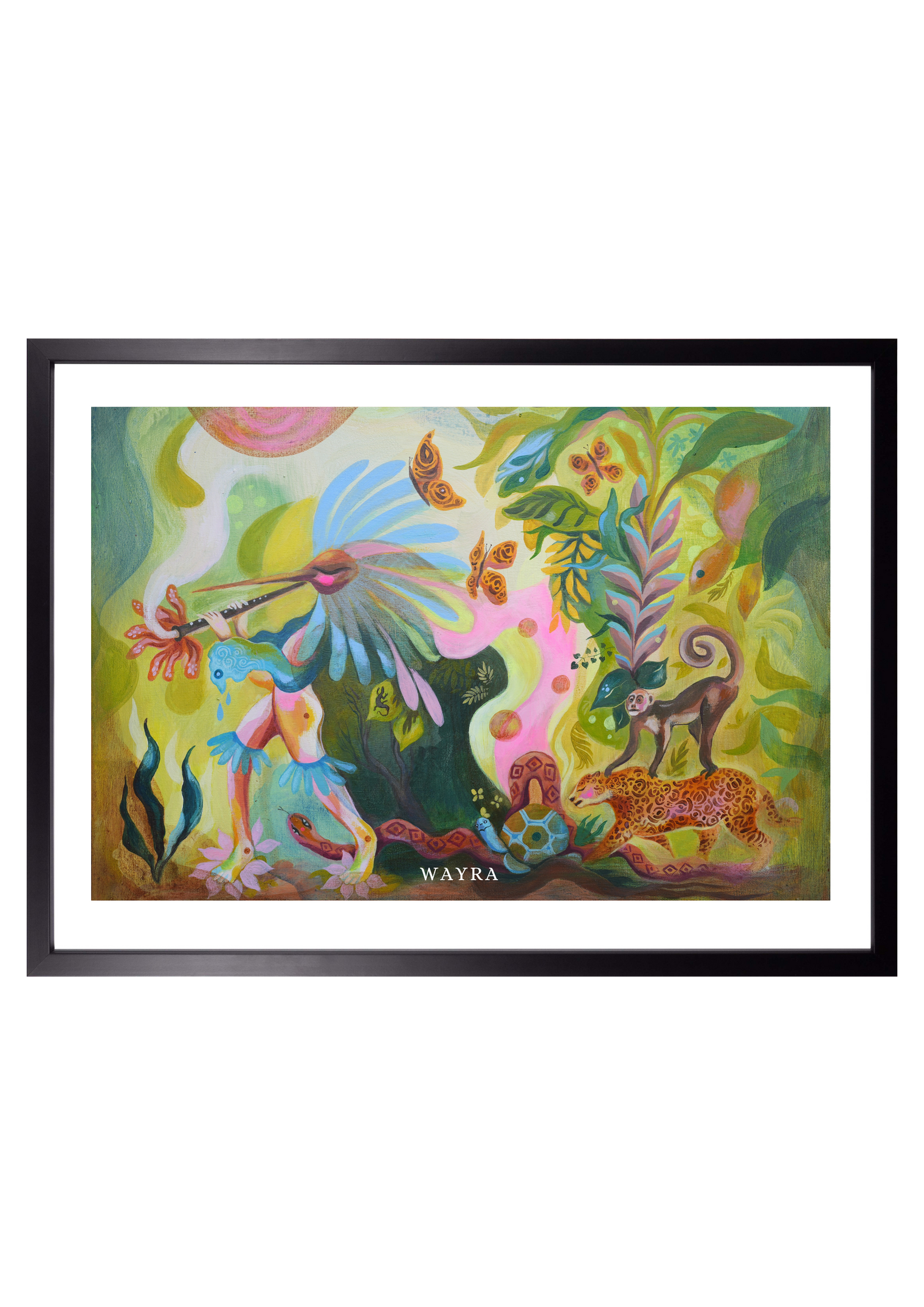 Spiritueller Fine-Art-Kunstdruck mit Tieren des Regenwaldes und einer menschlichen Figur von Wayra Arts