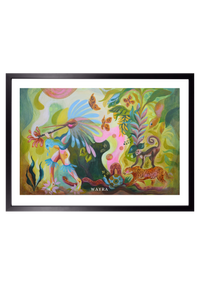 Spiritueller Fine-Art-Kunstdruck mit Tieren des Regenwaldes und einer menschlichen Figur von Wayra Arts