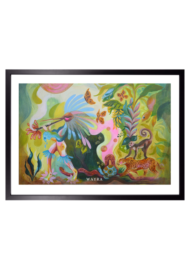 Spiritueller Fine-Art-Kunstdruck mit Tieren des Regenwaldes und einer menschlichen Figur von Wayra Arts