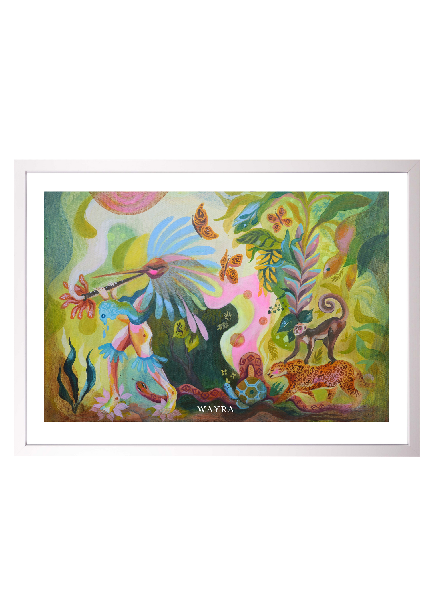 Spiritueller Fine-Art-Kunstdruck mit Tieren des Regenwaldes und einer menschlichen Figur von Wayra Arts