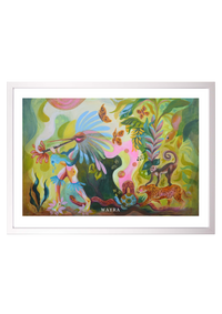 Spiritueller Fine-Art-Kunstdruck mit Tieren des Regenwaldes und einer menschlichen Figur von Wayra Arts