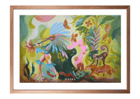 Spiritueller Fine-Art-Kunstdruck mit Tieren des Regenwaldes und einer menschlichen Figur von Wayra Arts