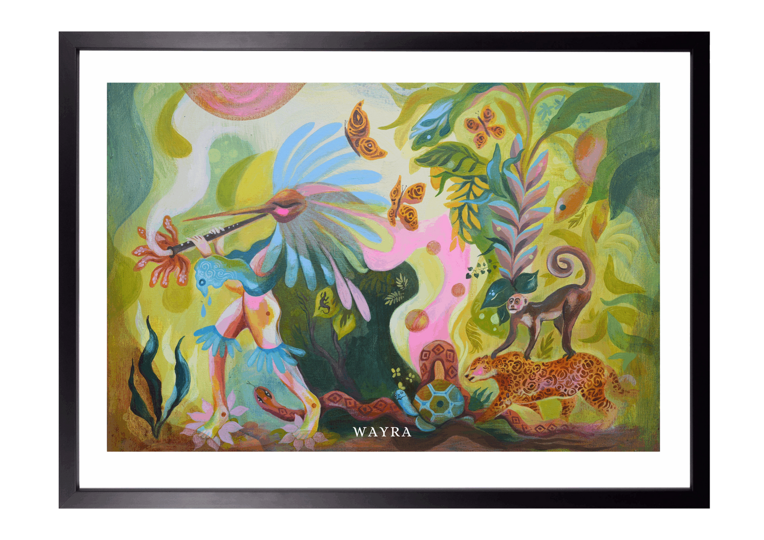 Spiritueller Fine-Art-Kunstdruck mit Tieren des Regenwaldes und einer menschlichen Figur von Wayra Arts