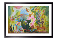 Spiritueller Fine-Art-Kunstdruck mit Tieren des Regenwaldes und einer menschlichen Figur von Wayra Arts