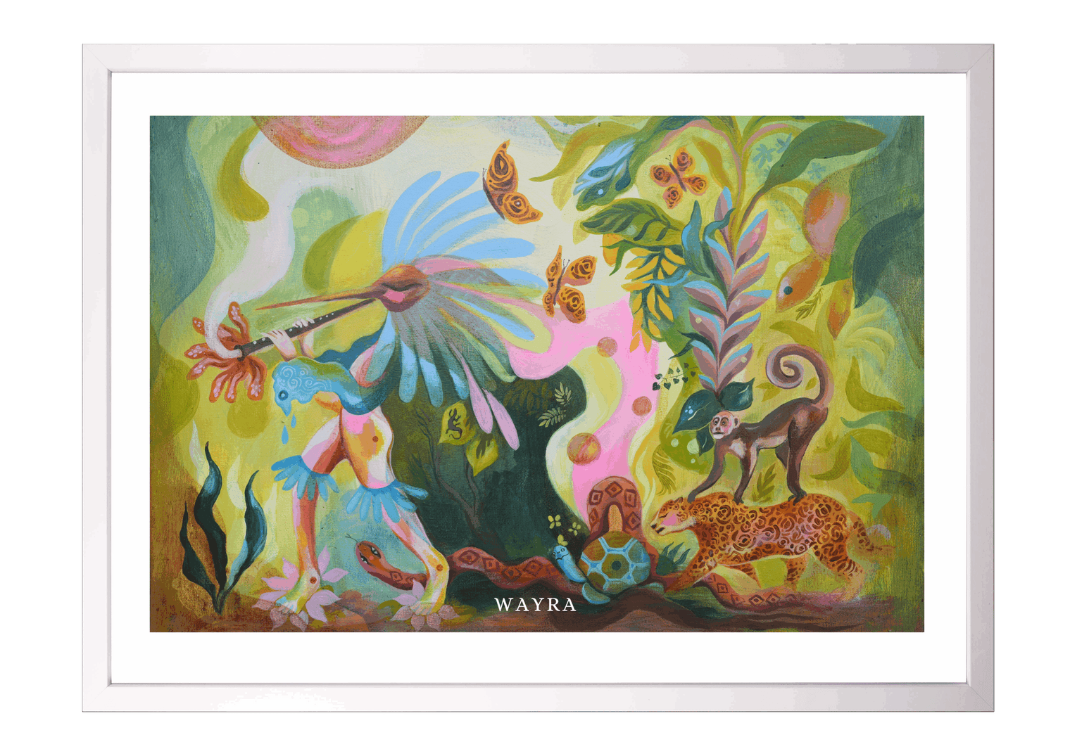 Spiritueller Fine-Art-Kunstdruck mit Tieren des Regenwaldes und einer menschlichen Figur von Wayra Arts