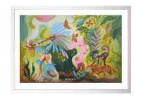 Spiritueller Fine-Art-Kunstdruck mit Tieren des Regenwaldes und einer menschlichen Figur von Wayra Arts