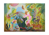 Spiritueller Fine-Art-Kunstdruck mit Tieren des Regenwaldes und einer menschlichen Figur von Wayra Arts