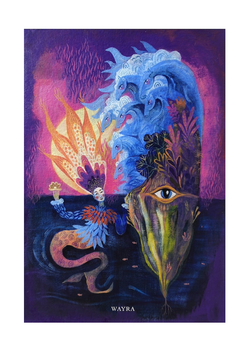 Fine-Art-Kunstdruck einer mystischen Meereslandschaft mit Wellen, Frau und Pflanzen von Wayra Arts