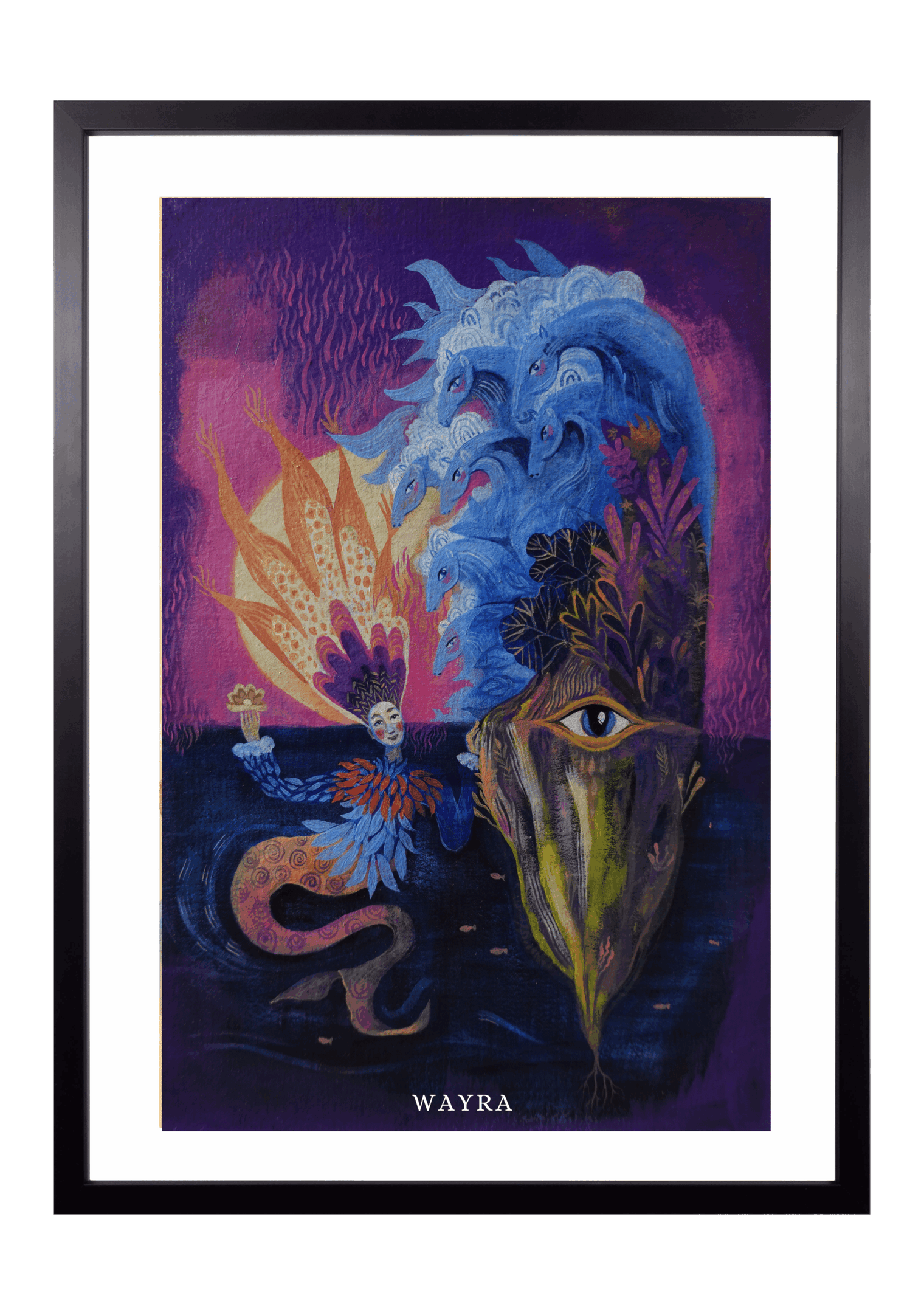 Fine-Art-Kunstdruck einer mystischen Meereslandschaft mit Wellen, Frau und Pflanzen von Wayra Arts