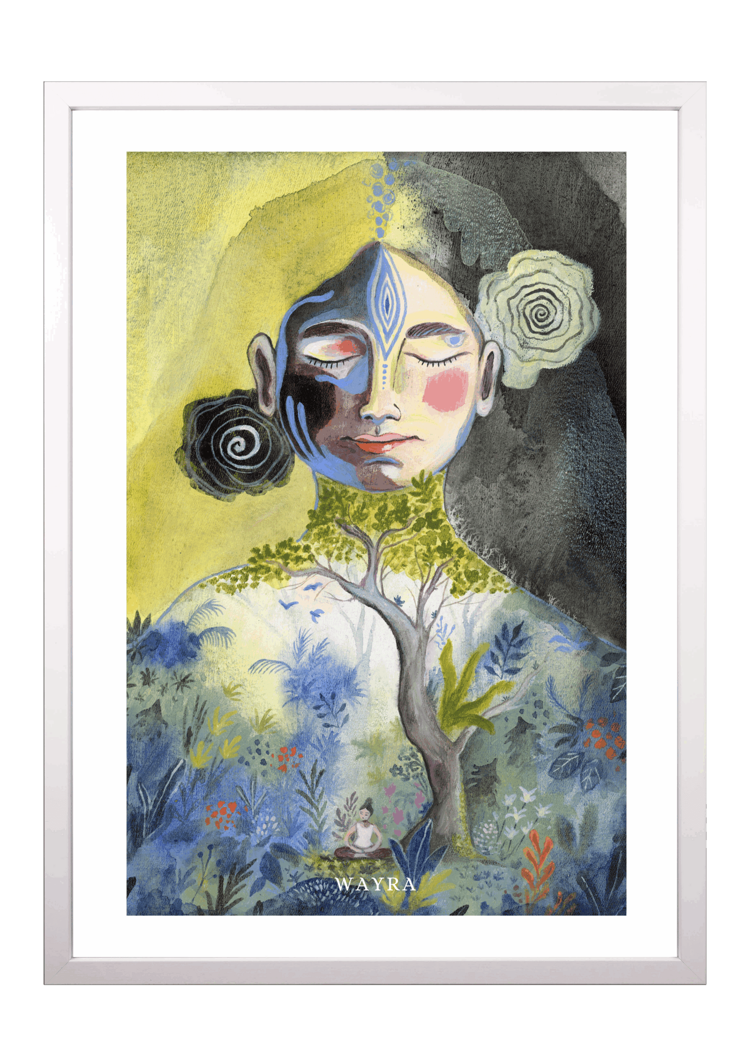 Fine-Art-Kunstdruck einer meditierenden Frau mit Baum und Naturmotiven von Wayra Arts
